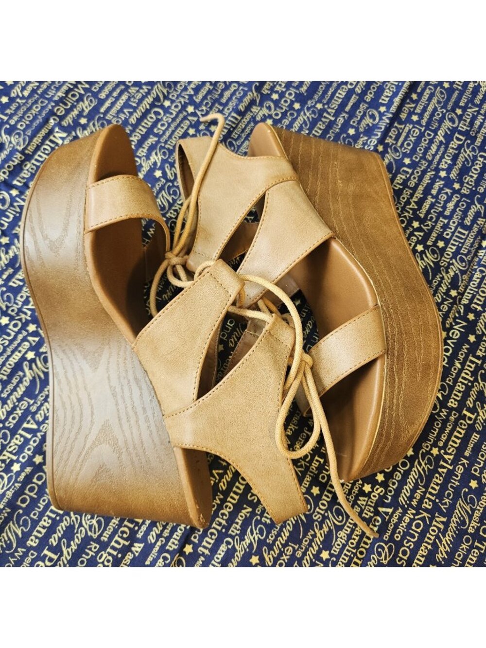 Altard State Sandals 8.5 Platform Block Heel Lace Up Tie Strappy Light Brown Tan